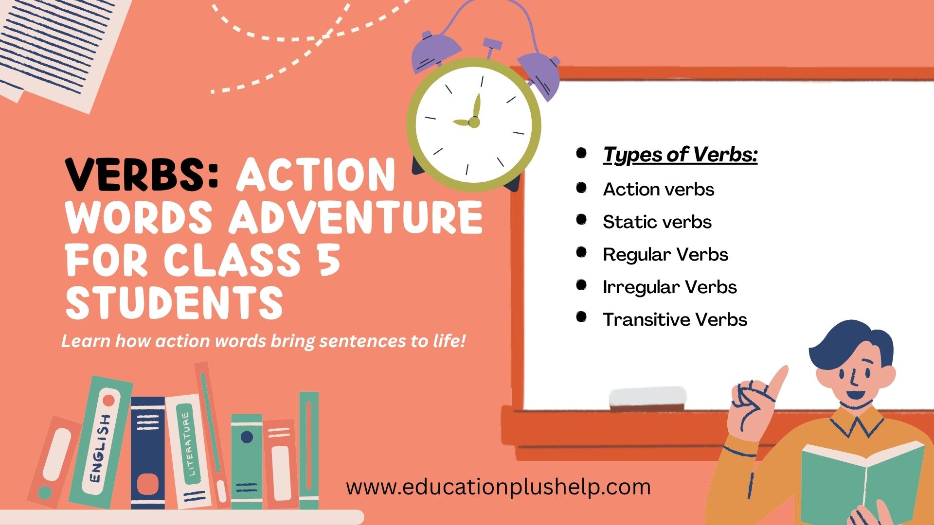 Verbs Action Words Adventure infographic for Class 5 students | Education Plus Help