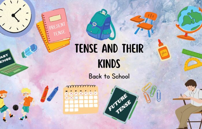 Colorful back to school digital illustration showing tenses and their kinds with grammar books, students, and classroom elements.