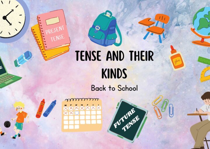 Colorful back to school digital illustration showing tenses and their kinds with grammar books, students, and classroom elements.